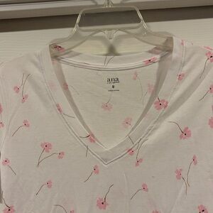 A.N.A Women's White and Pink Floral V-Neck Top t shirt size M new